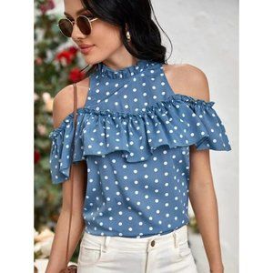 Sale ⭐️ NEW!! Size 8/10 Cold Shoulder Polka Dot Ruffle Trim Blouse